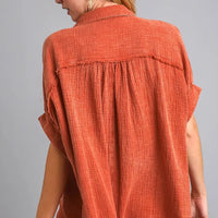 Orange-red plus size button-down shirt, back with yoke and gathered yoke pleats