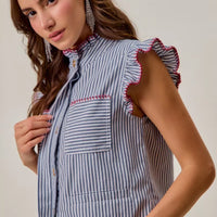 Ruffled sleeveless vest top with blue-and-white stripes and red-trim shoulder ruffles, button front