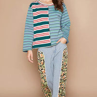 Striped long-sleeve t-shirt, round neck, color-block panels in blue and green