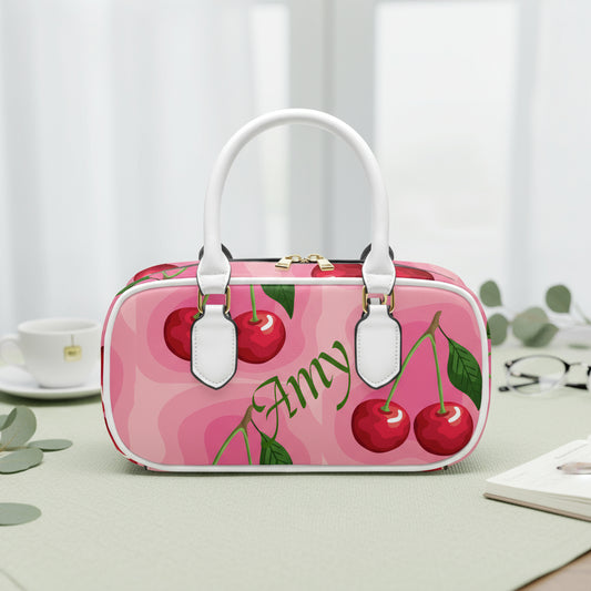 Cross Body Purse, Small Crossbody Bag, Personalized Pink Cherry Green PU Leather Top Handle