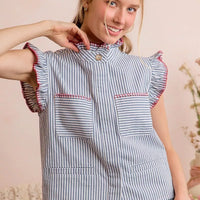 Blue striped ruffle-shoulder vest top with hidden button placket and chest pockets