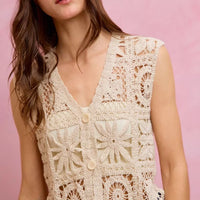 Natural crochet sleeveless vest top with V-neck and detailed circular floral granny squares