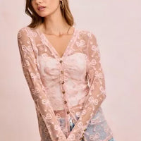 Dusty rose mesh cardigan top with bow pattern, V-neck, long sleeves, button front