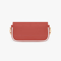 Red leather shoulder bag front view with curved flap and gold hardware
