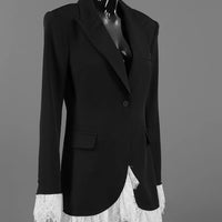 Black lace-hem one-button blazer front with lace-trim cuffs