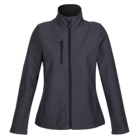 Women's gray softshell jacket with stand collar, full zip, and chest zip pocket