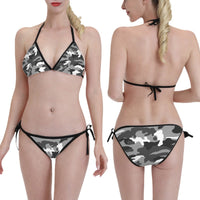 Triangle Bikini Set Grey Camo Print Adjustable Tie String Swimwear