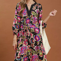 Black abstract print belted midi dress with V-neck and three-quarter puff sleeves
