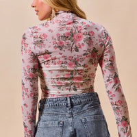 Floral rose print mesh sheer top in pink, long sleeves, back view