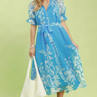 Blue floral tie-waist midi dress with ruffled sleeves, full length front view