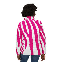 Puffer Coat White | Stylized White and Pink Zebra Print Jacket