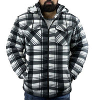 Men's black-and-white plaid sherpa shirt jacket with hood, zip front and flap chest pockets