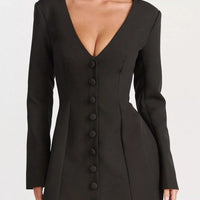 Black blazer dress with deep V-neck and long sleeves, vertical button detail