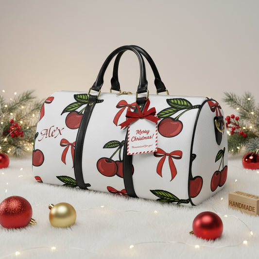 Personalized Duffle Bag, Cherry Christmas Travel Print Bag, PU Weekender, Carry-On Size, Custom Overnight