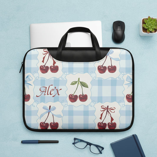 Leather Laptop Bag, Personalized Womens Blue Gingham Cherry Sleeve 16"