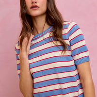 Blue, red, and white striped short-sleeve knit crew neck sweater top with ribbed hem