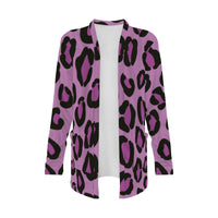 Purple Leopard Print Open-Front Cardigan with Pockets