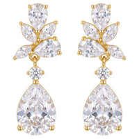 Gold-tone CZ drop earrings with teardrop stones and dangling charm