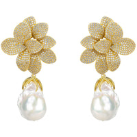 Amaryllis Flower Baroque Pearl Drop Earrings White Gold-0