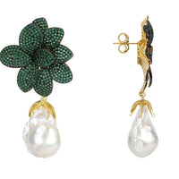 Green flower drop earrings with gold-tone back and baroque pearl dangle