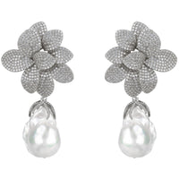 Amaryllis Flower Baroque Pearl Drop Earrings White Silver-0