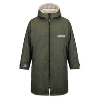 Olive hooded changing robe with front zip, long sleeves and cream fleece at the hood