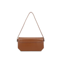 Coffee brown faux leather shoulder bag with flap, short handle strap, wide front