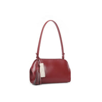 Cherry red faux leather shoulder bag with side tassel charm and top handles
