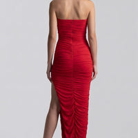 Red Strapless Ruched Maxi Dress with High Slit-4