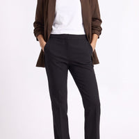 Brown open-front blazer with shawl collar and gathered sleeve cuffs