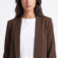Brown shawl-collar blazer with ruched sleeves and open front