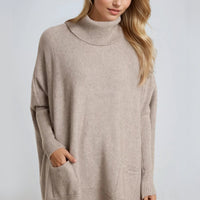 Mocha Roll Neck Jumper Poncho With Side Buttons-0