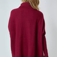 Burgundy Roll Neck Jumper Poncho With Side Buttons-2