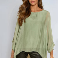 Khaki Silk Batwing Sleeve Round Neck Blouse-0