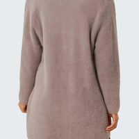 Mocha fluffy cardigan back view, long sleeves