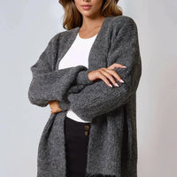 Charcoal wool-blend cardigan with open front and balloon sleeves, long relaxed fit