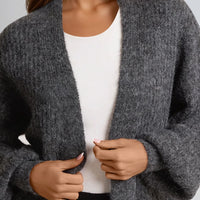 Charcoal wool-blend cardigan, open front with wide sleeves over white tank
