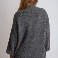Charcoal wool-blend cardigan back view, loose long sleeves with soft textured knit