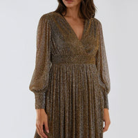 Metallic gold mini dress with V-neck, long sleeves, pleated skirt