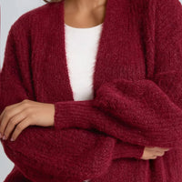 Wine Wool Blend Balloon Sleeve Knitted Cardigan-1