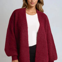Wine Wool Blend Balloon Sleeve Knitted Cardigan-0