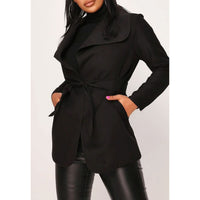 Black belted waterfall coat with draped collar and tie waist, long sleeves