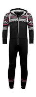 Black Aztec print onesie with a lined hood, front zipper, and patterned cuffs.