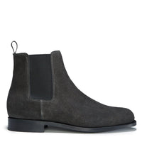 Men's dark gray suede Chelsea boot with elastic side panel and low heel