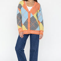 Orange Argyle Wool‑Blend Knit Cardigan-1
