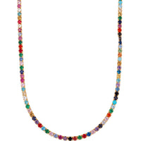 Gold tennis necklace with rainbow multi-color CZ stones in a continuous row
