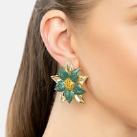 Marguerite Daisy Flower Large Stud Earrings Emerald Gold-3