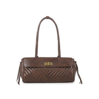 Quilted faux leather shoulder bag, dark brown with top handles and gold clasp