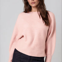 Pink batwing knit jumper with ribbed boat neck and relaxed fit