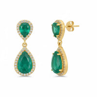 Gold stud earrings with stacked emerald-green teardrop stones and crystal borders